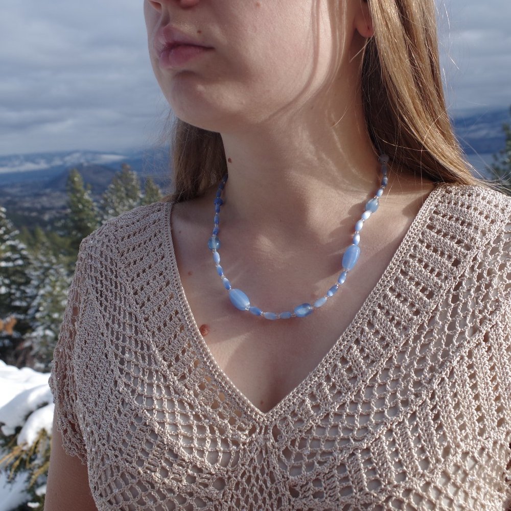 Beautiful Blue Thermoset Moon Glow Beaded Necklace From The Mid-Century